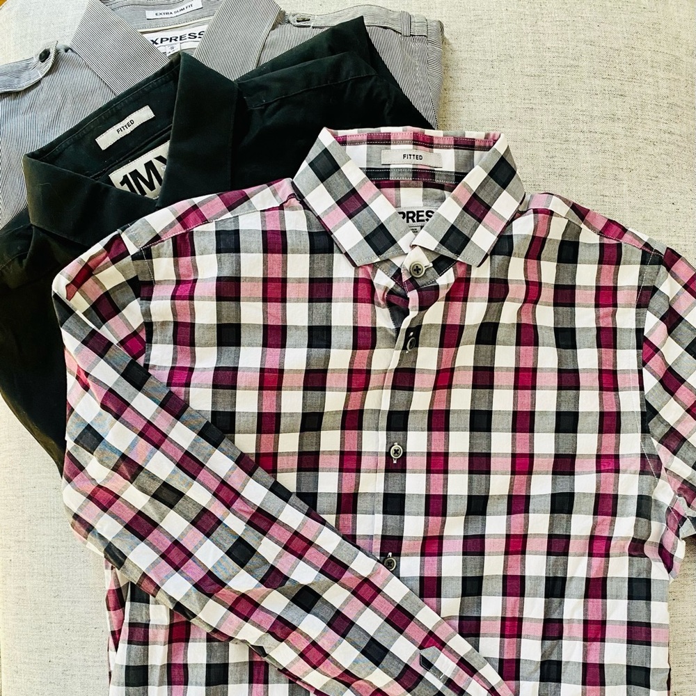 Three Express long-sleeve button down shirts.